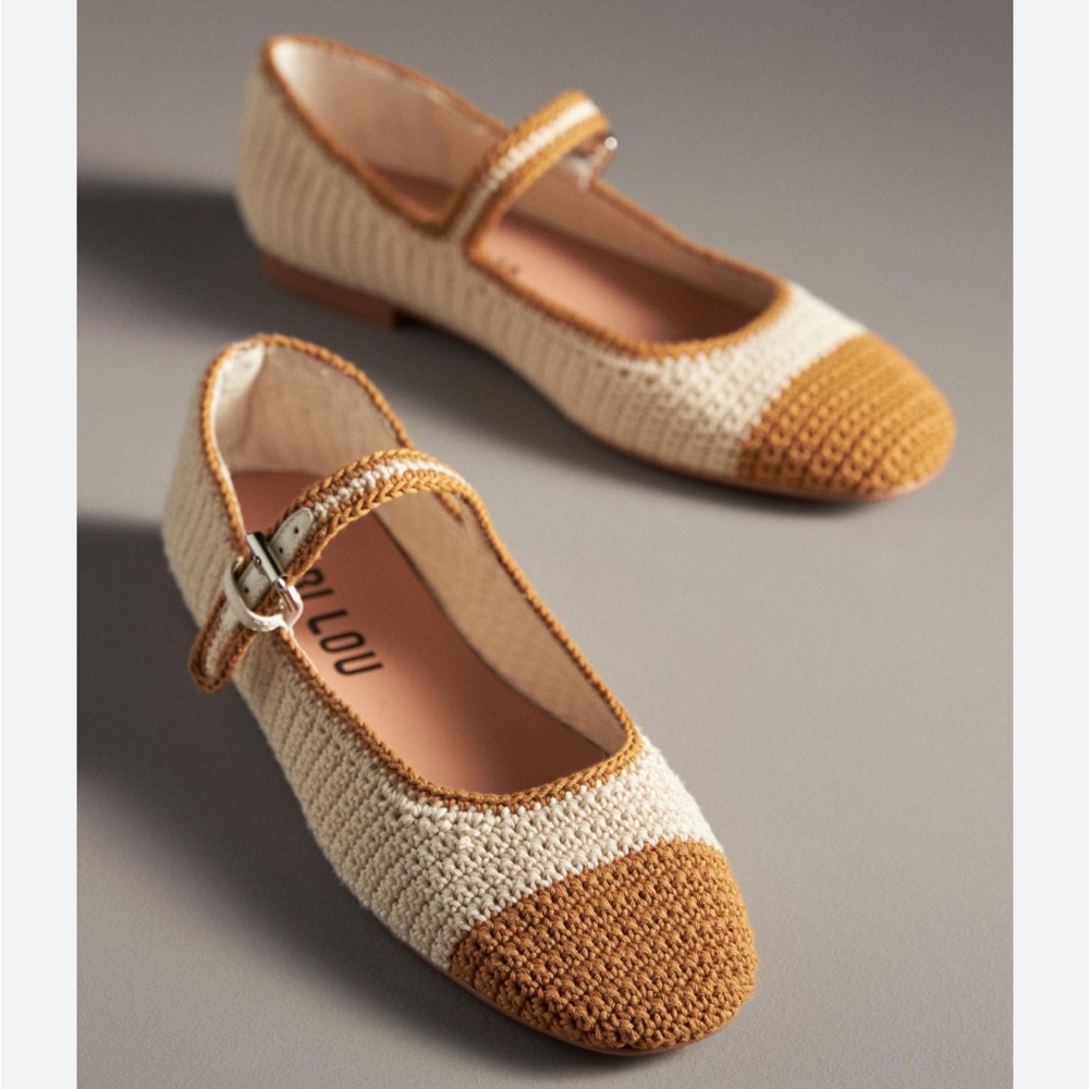 NWT ANTHROPOLOGIE Bibi Lou Knit Colorblock Mary Jane Flats, Beige, 37